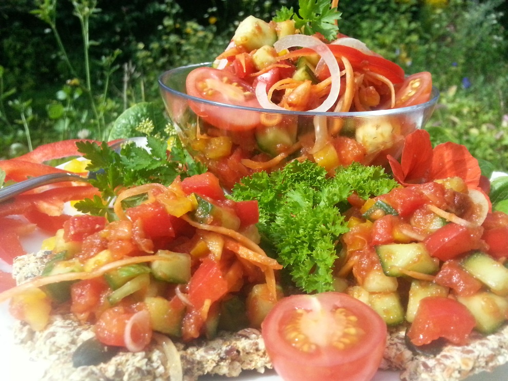 Herzhafter, scharfer, deftiger Pusztasalat - dieser Rohkostsalat besteht aus einer Tomatensauce und einer Gemüseeinlage